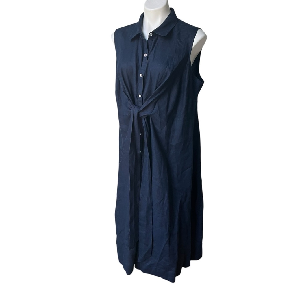 J. Jill Love Linen Tie Front Sleeveless Shirt Dress Navy with Pockets, XL Petite - Picture 4 of 11